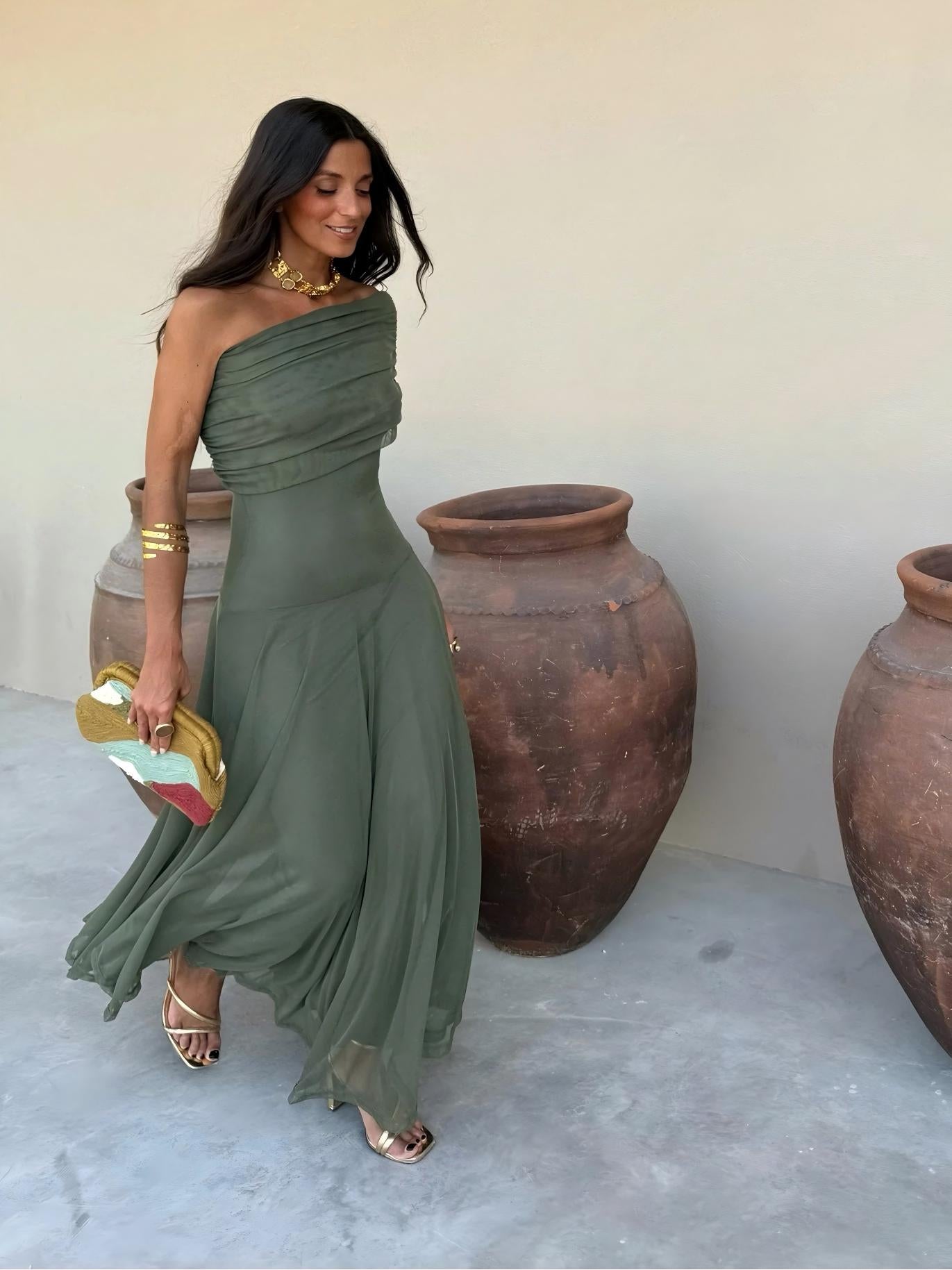 Toledo One Shoulder Mesh Maxikleid