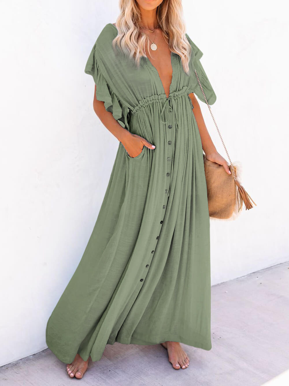 Knopf Baumwoll Leinen Perfektes Strand Boho Maxikleid