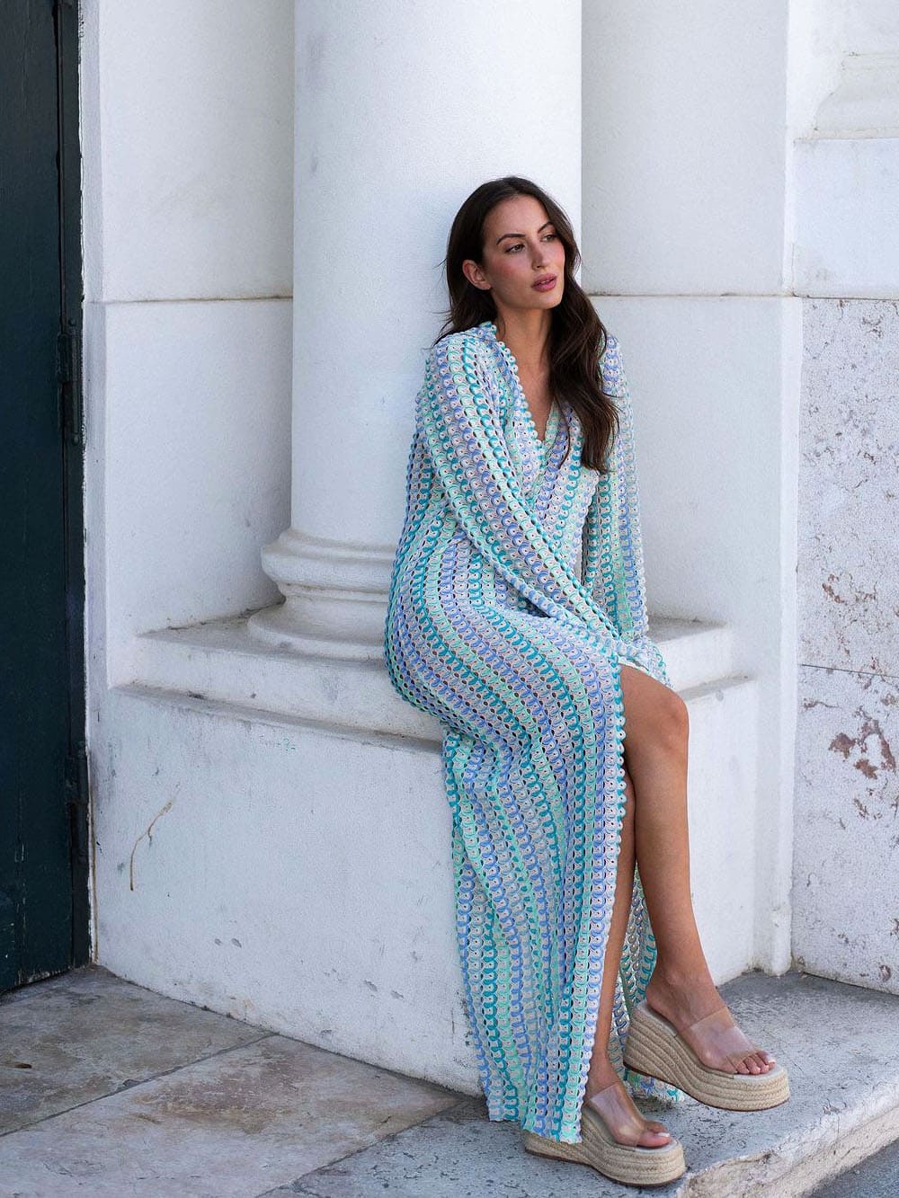 Boho V-Ausschnitt Glockenärmel Wellenförmig Gestreift Häkel Strand Urlaub Maxikleid - Blau