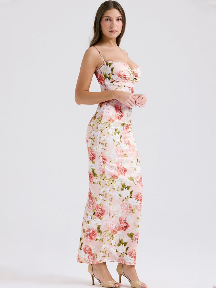 Pinkes Satin-Maxikleid mit Pfingstrosenmuster