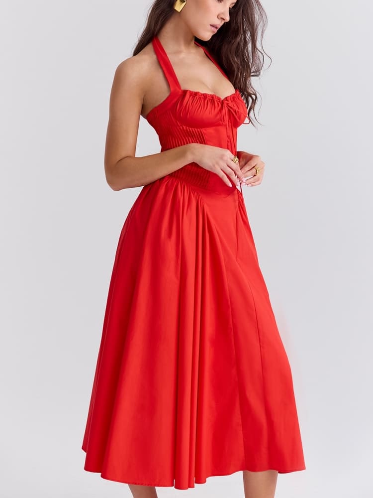 Rotes rückenfreies Neckholder-Midikleid