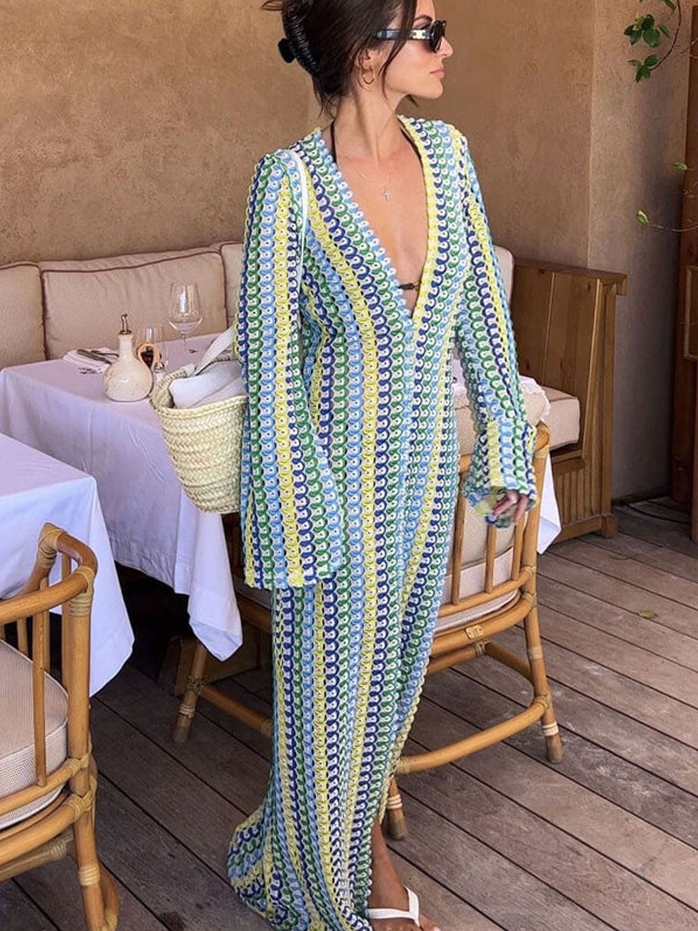 Boho V-Ausschnitt Glockenärmel Wellenförmiges Streifen-Häkel-Maxikleid für den Strandurlaub – Gelb