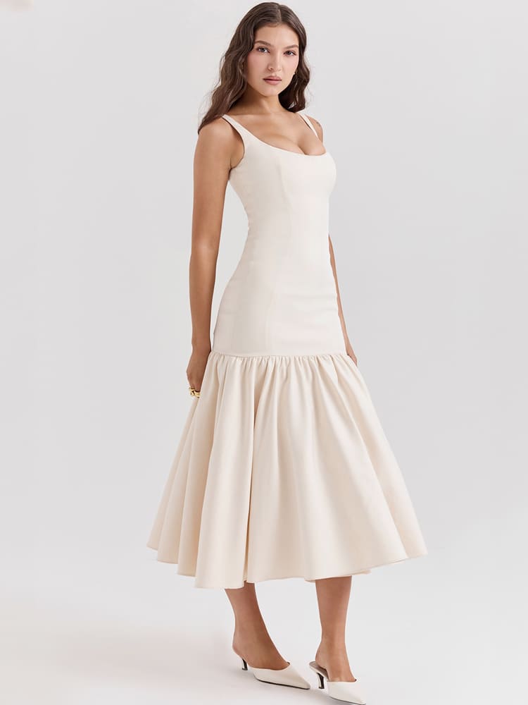 Vintage Midi-Kleid mit niedriger Taille – Creme Beige