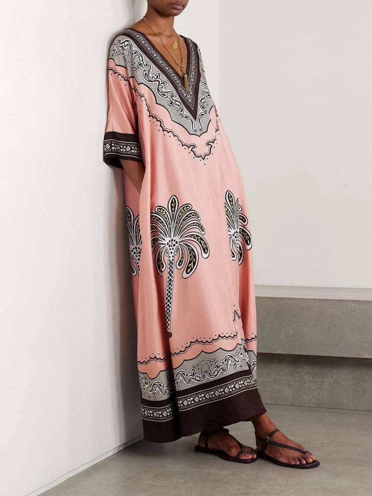 Urlaubs-Stil V-Ausschnitt Satin-Kleid mit Print