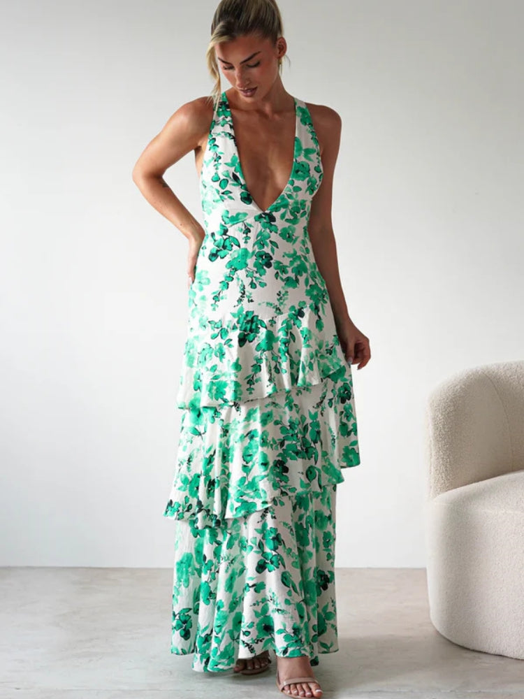 Geblümtes V-Ausschnitt Slip-Kleid