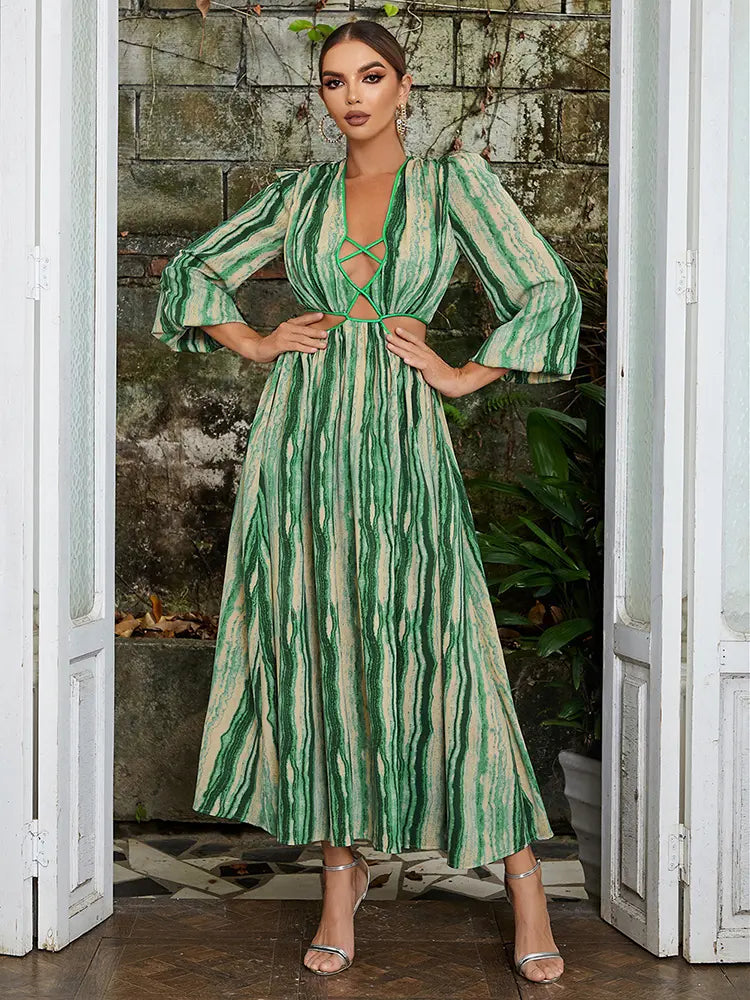 Geblümtes Laternenärmel-Kleid mit V-Ausschnitt