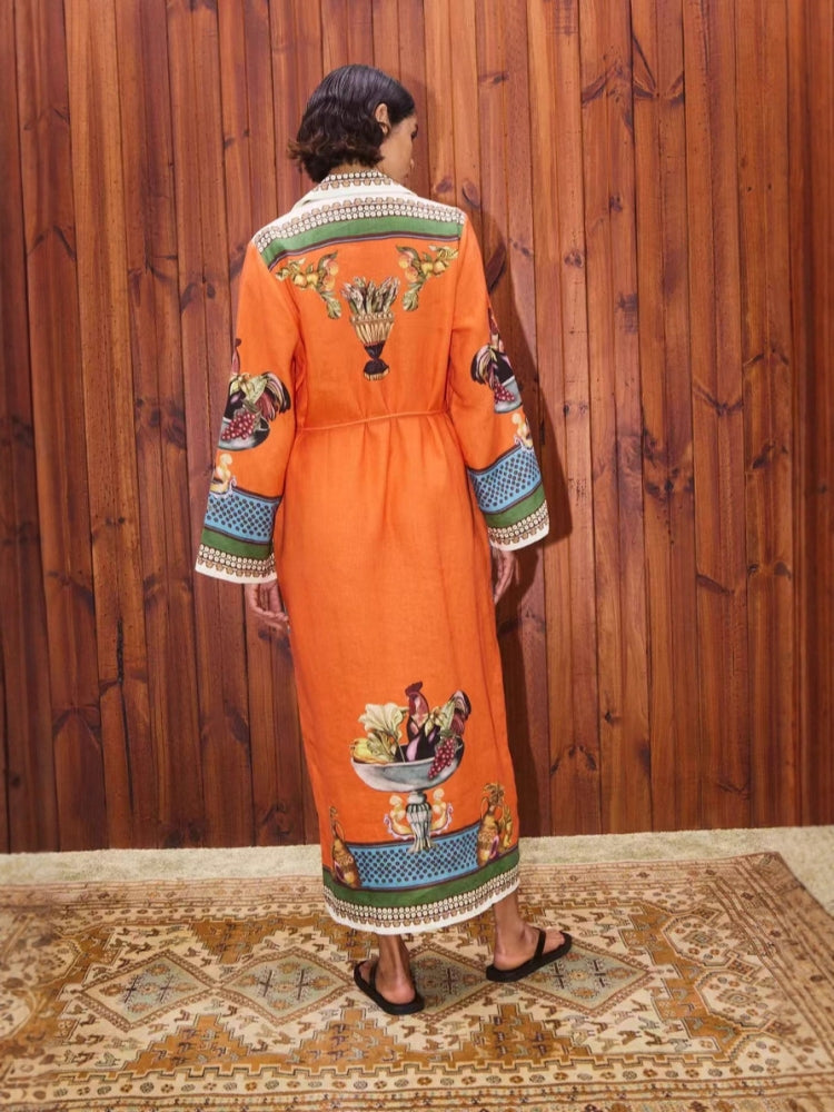 Leinen-Midi-Kleid mit Blazer-Kragen