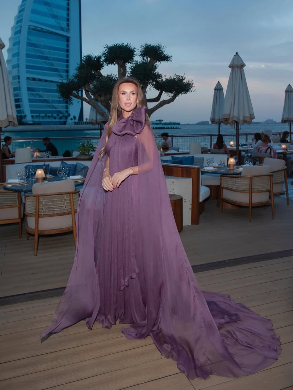 Mauve Chiffon Bow Cape Sleeve Pleated Maxi Gown