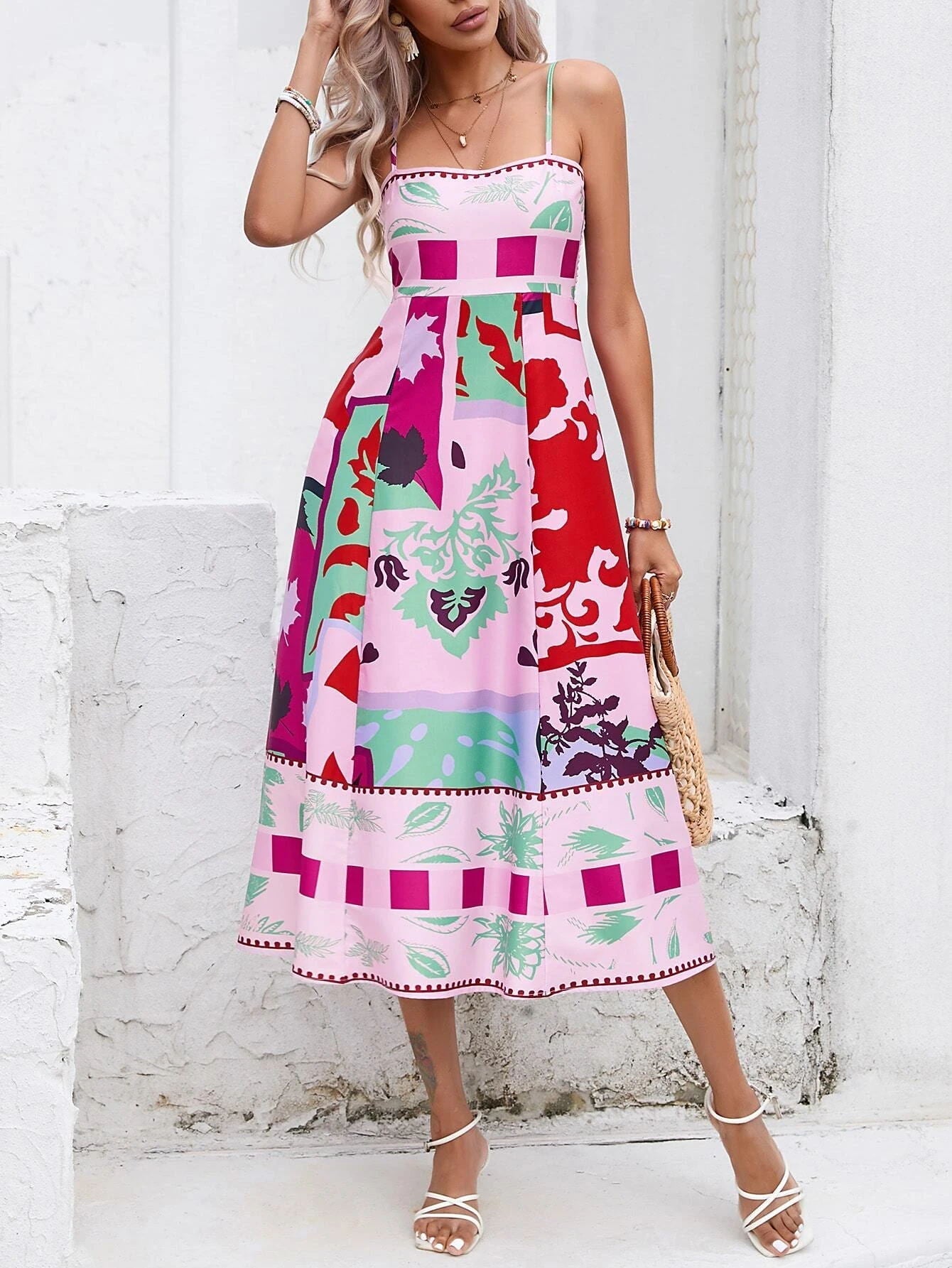 Patchwork-Slip-Maxikleid: Abstrakt bunt bedruckt