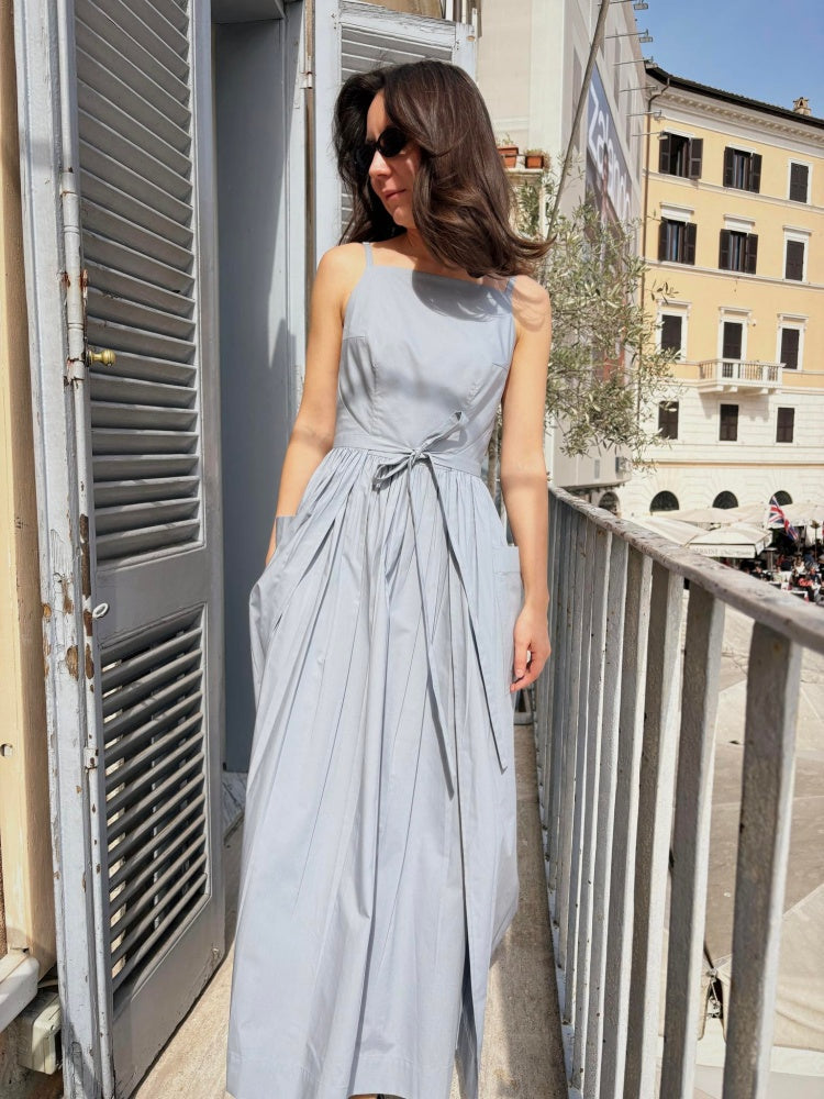 Light Gray Tie-Waist Midi Dress with Pockets