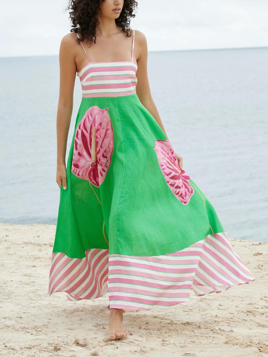 Geblümtes, gestreiftes Paneel-Latz-Maxikleid