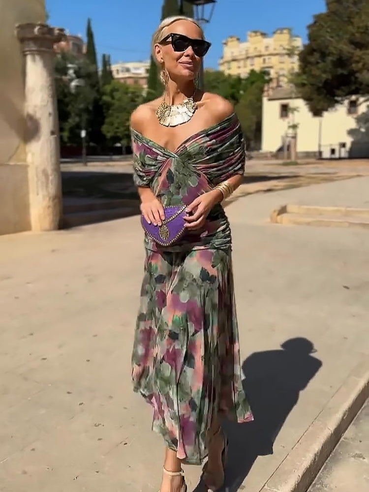 Elegantes V-Ausschnitt Maxi-Partykleid mit fantasievollem Blumendruck