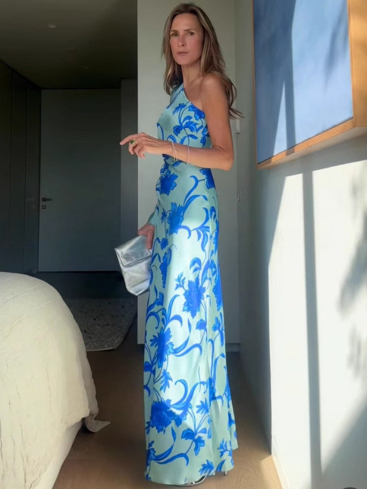 Asymmetrisches schulterfreies florales Maxikleid
