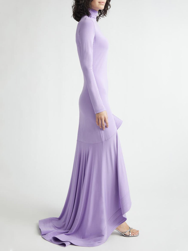 Lavendelfarbenes, gerafftes Meerjungfrauenkleid mit Hi-Lo-Saum