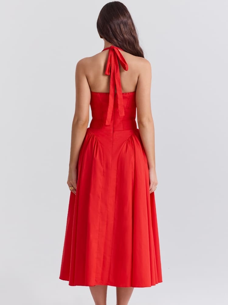 Rotes rückenfreies Neckholder-Midikleid