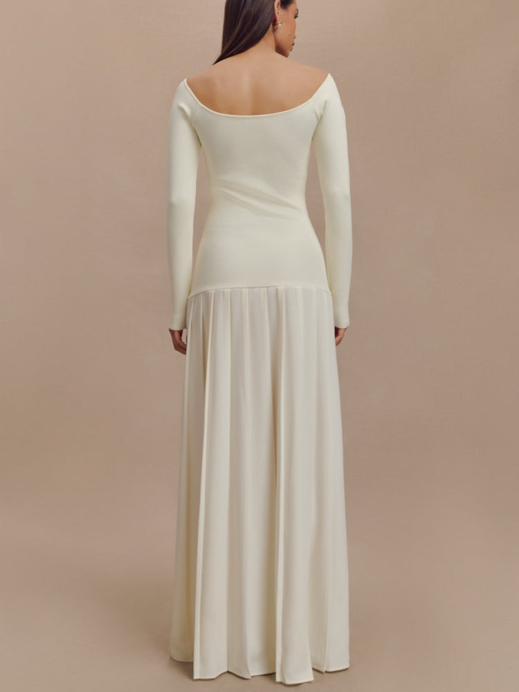 Gestricktes schulterfreies Maxikleid – Elfenbein