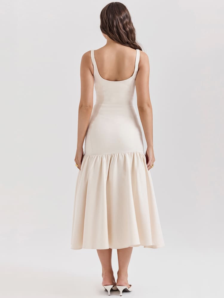 Vintage Midi-Kleid mit niedriger Taille – Creme Beige