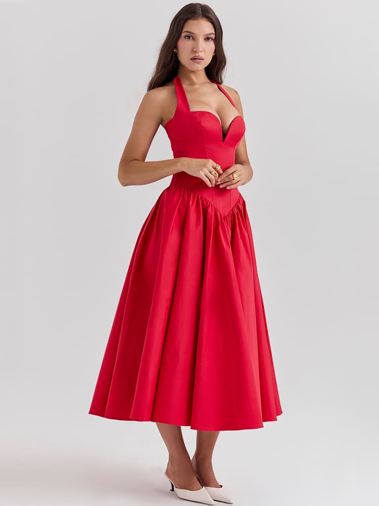 Neckholder-Midikleid mit Seitenschlitz – Scharlachrot
