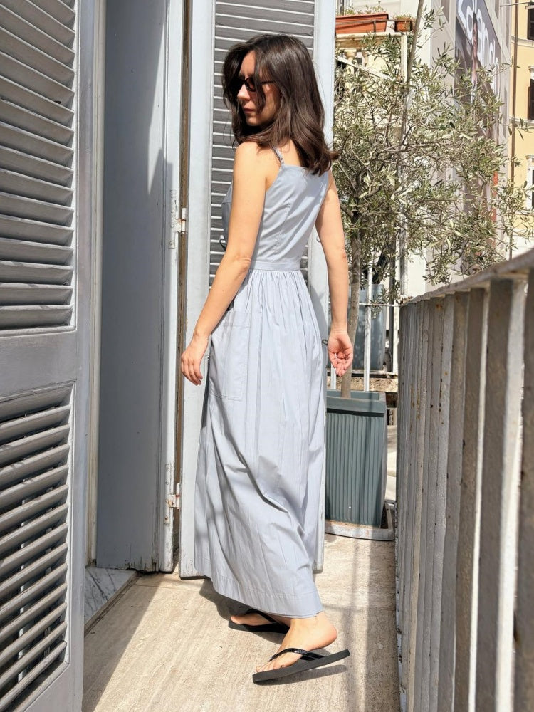 Light Gray Tie-Waist Midi Dress with Pockets