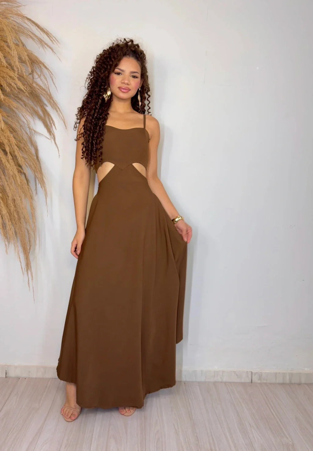 Brown Cutout Halter A-Line Maxi Dress