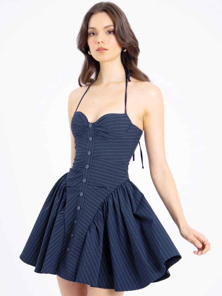 Marineblaues trägerloses Nadelstreifen-Minikleid mit tiefem Bund