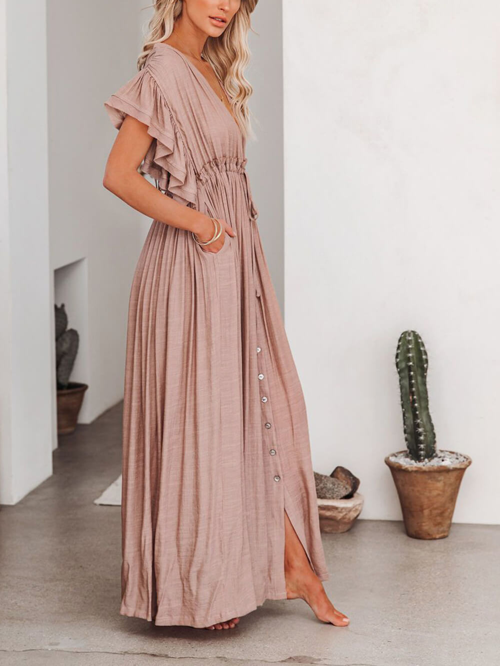 Knopf Baumwoll Leinen Perfektes Strand Boho Maxikleid