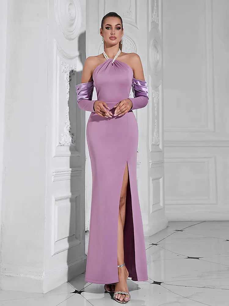 Perlen-Neckholder-Kleid mit langen Ärmeln