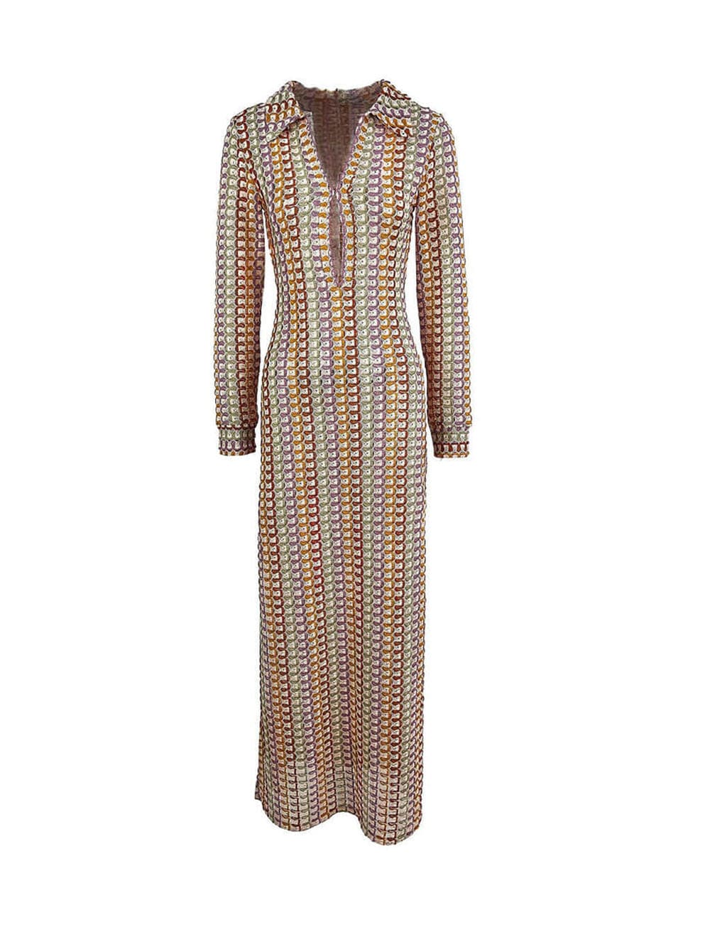Boho Maxikleid mit V-Ausschnitt, Kragen, Seitenschlitz und Wellenstreifen-Häkelmuster – Braun