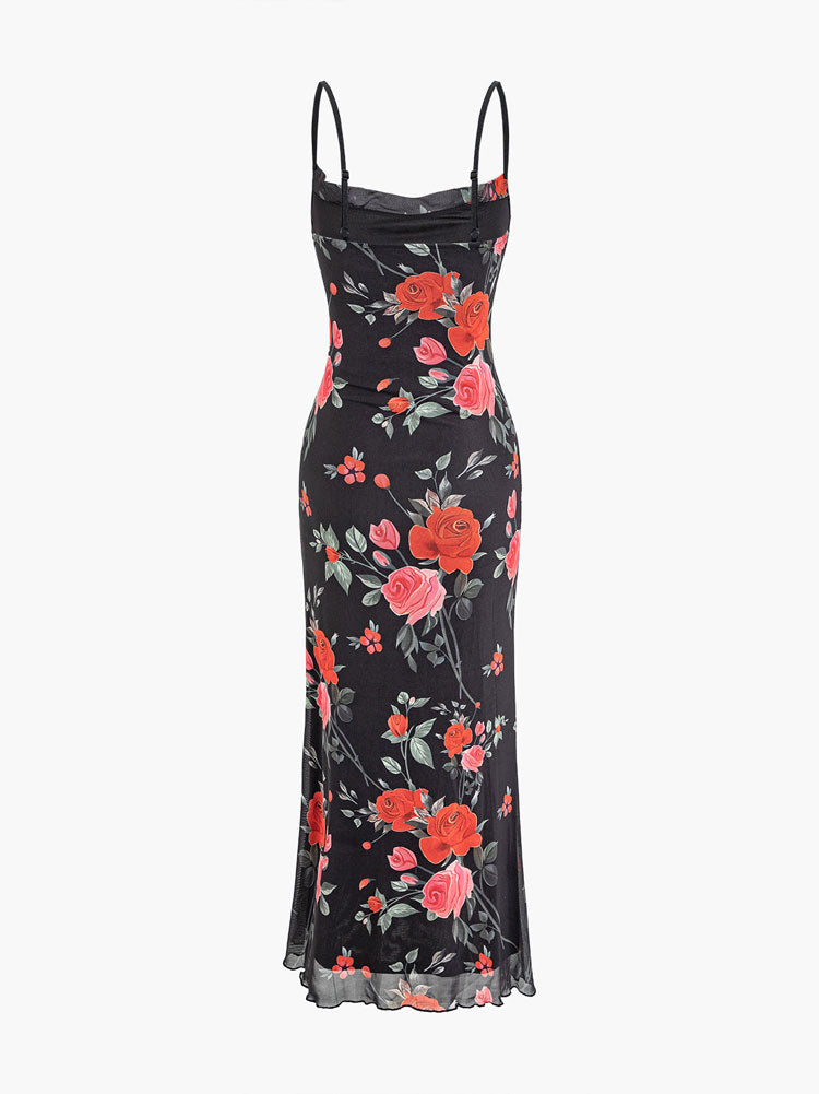 Geblümtes Mesh-Maxikleid mit Spaghettiträgern