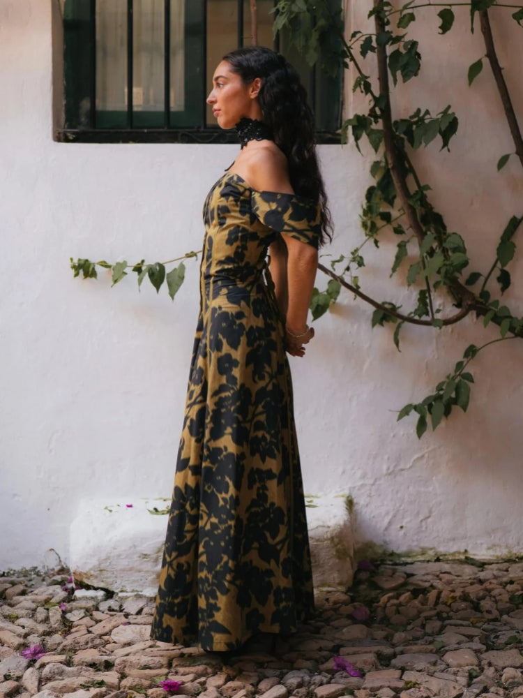Trägerloses Maxikleid mit Vintage-Print