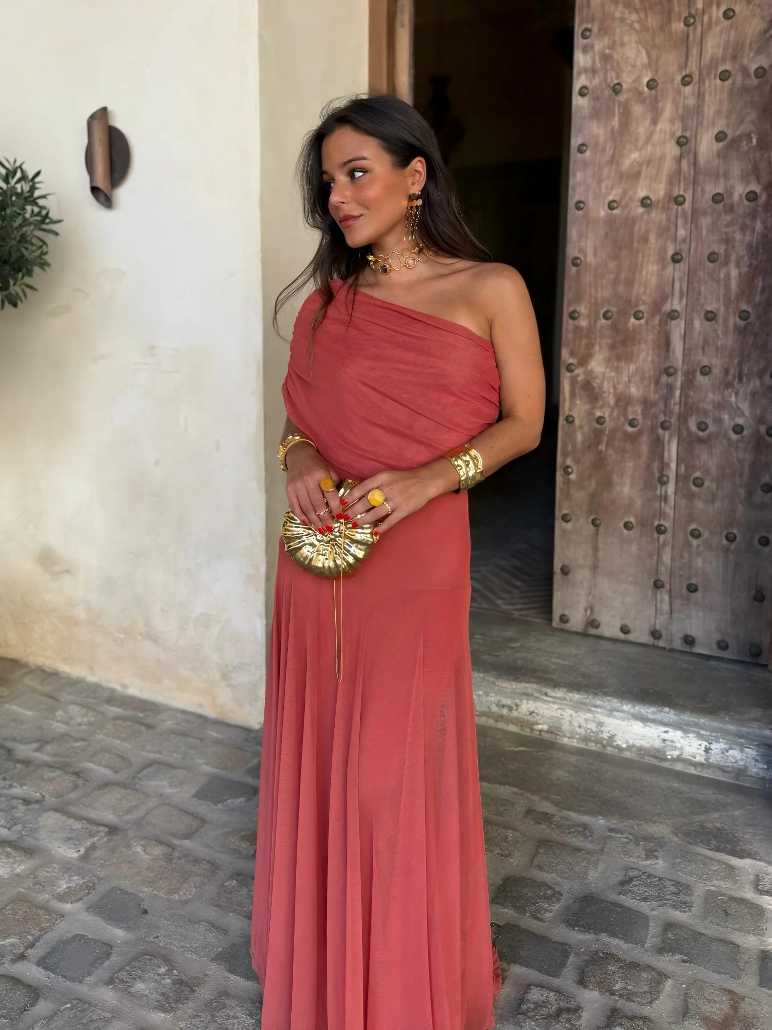 Toledo One Shoulder Mesh Maxikleid