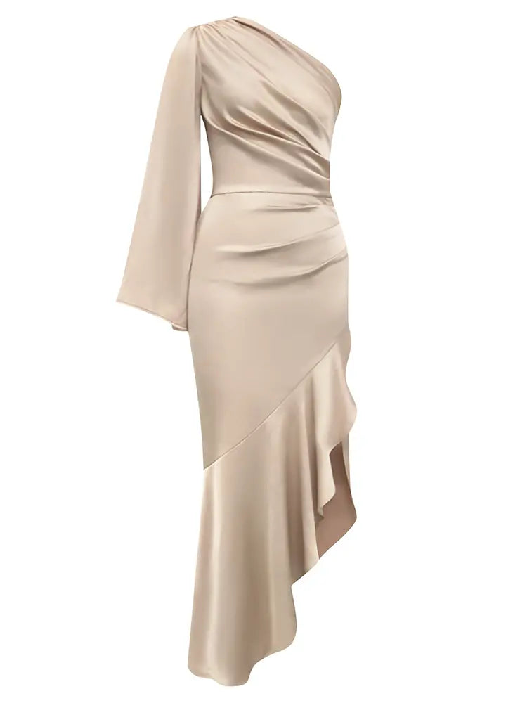 One-Shoulder-Satin-Rüschenkleid