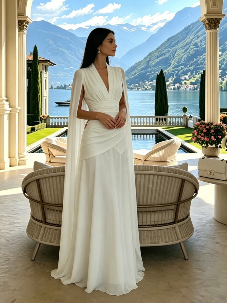 White Cape Sleeve Pleated Gown