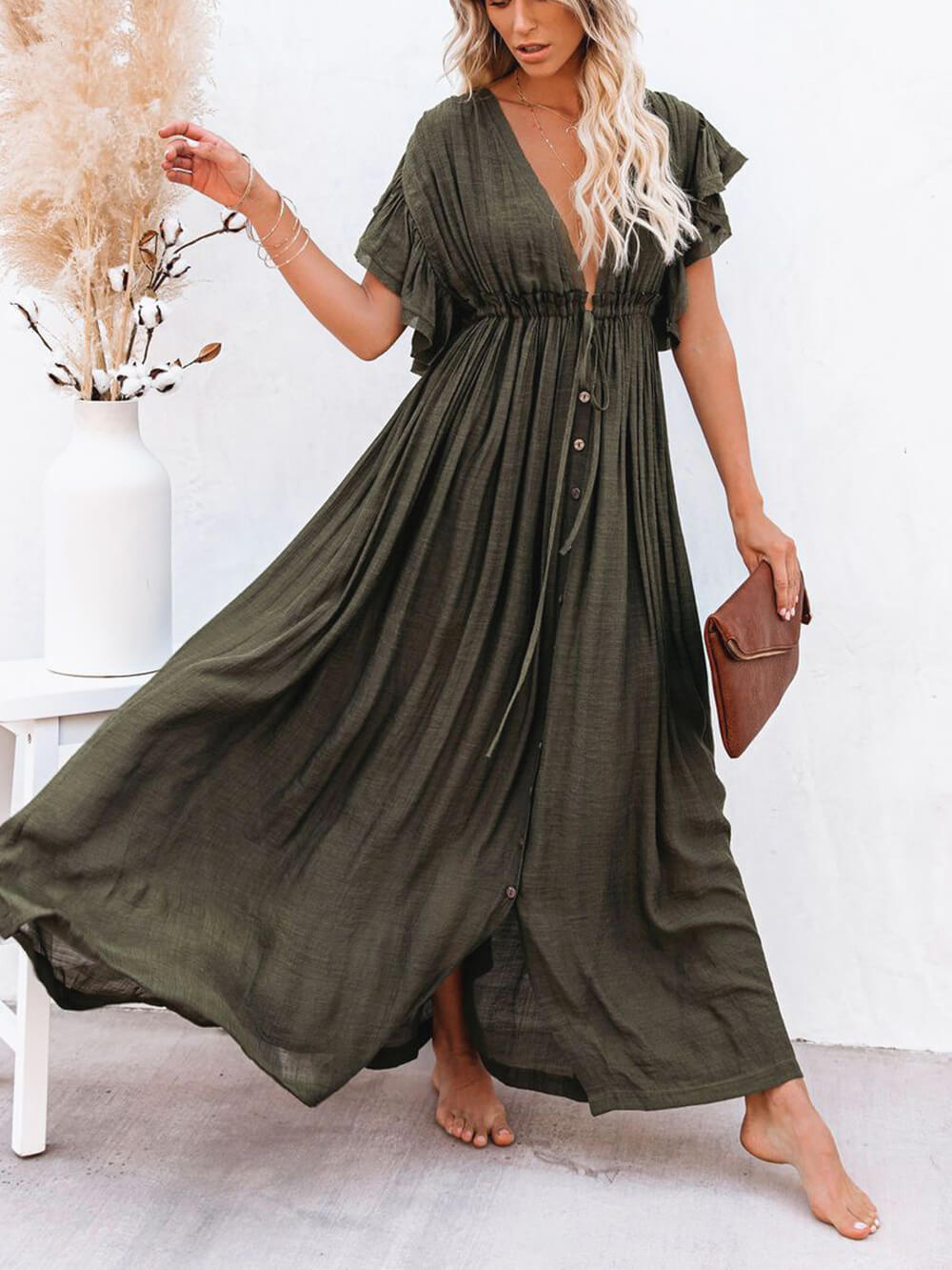 Knopf Baumwoll Leinen Perfektes Strand Boho Maxikleid