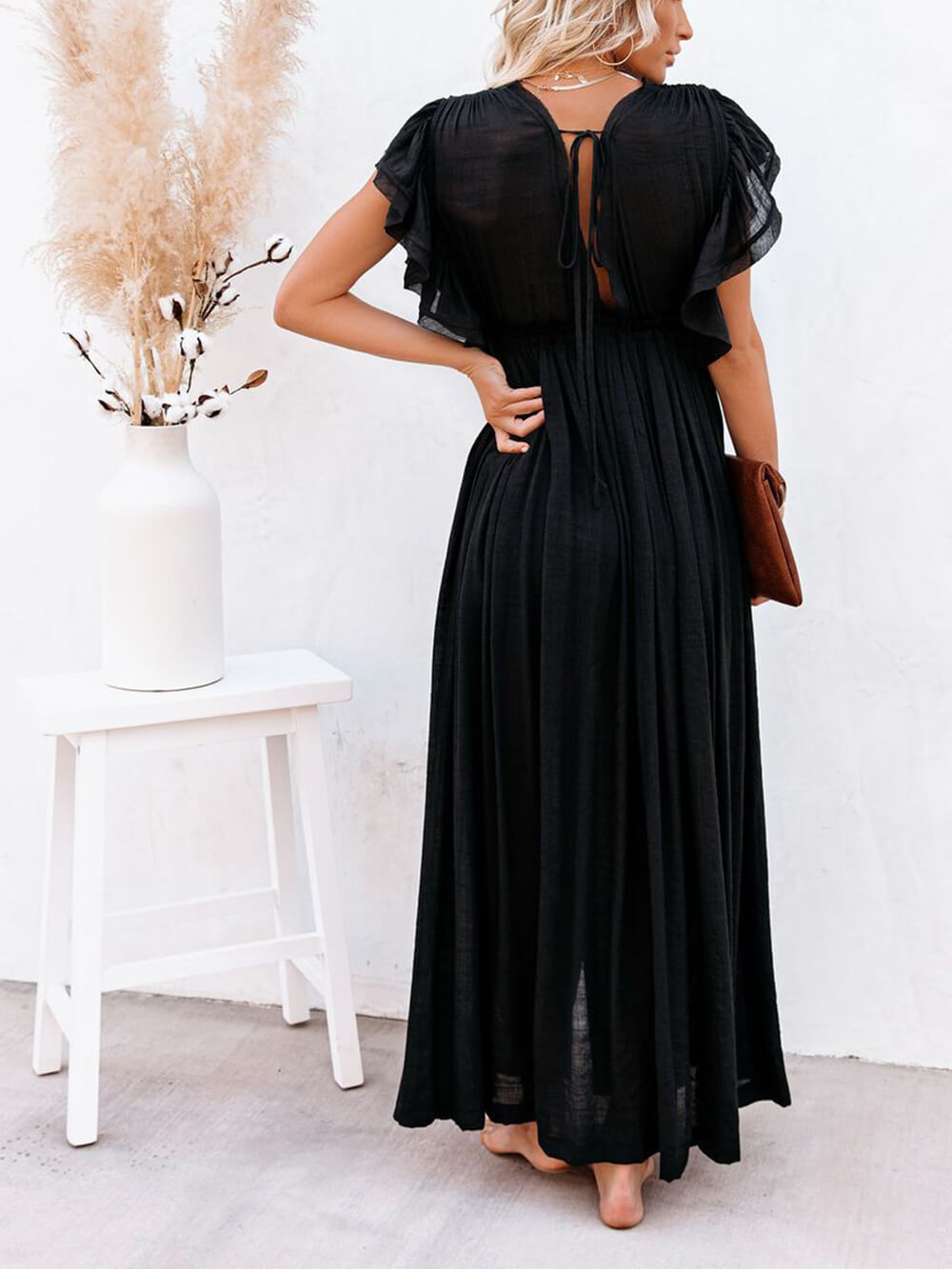 Knopf Baumwoll Leinen Perfektes Strand Boho Maxikleid