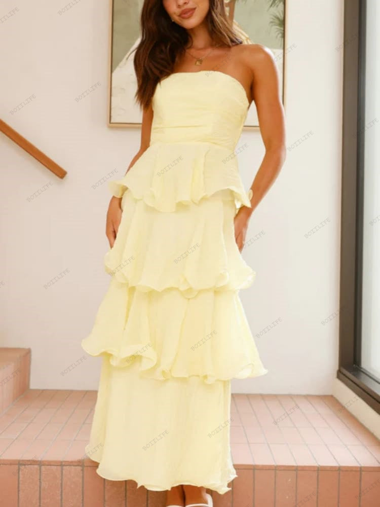 Elegantes, trägerloses, rückenfreies Midi-Kleid mit Stufenrock