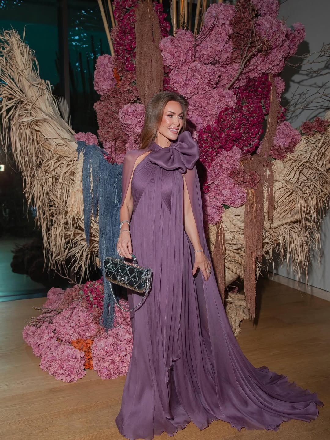 Mauve Chiffon Bow Cape Sleeve Pleated Maxi Gown