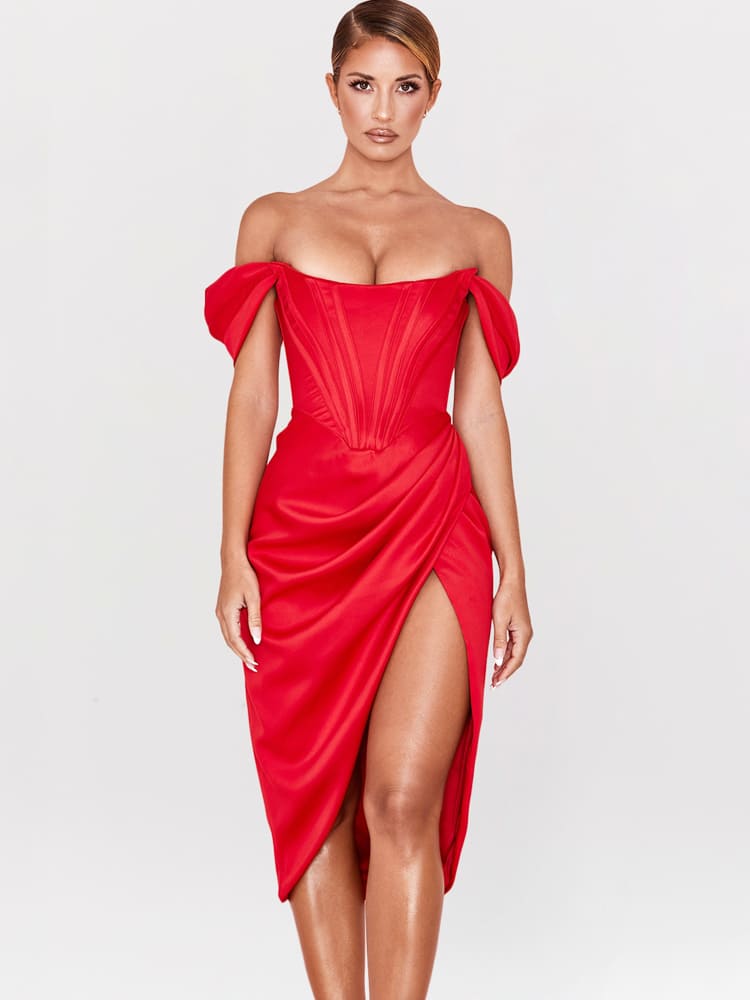 Schulterfreies Korsett-Midikleid mit körperbetontem Schnitt – Rot