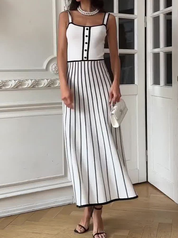 Gestreiftes Colorblock-Strick-Midikleid mit Spaghettiträgern