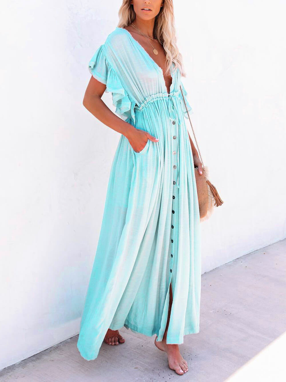 Knopf Baumwoll Leinen Perfektes Strand Boho Maxikleid