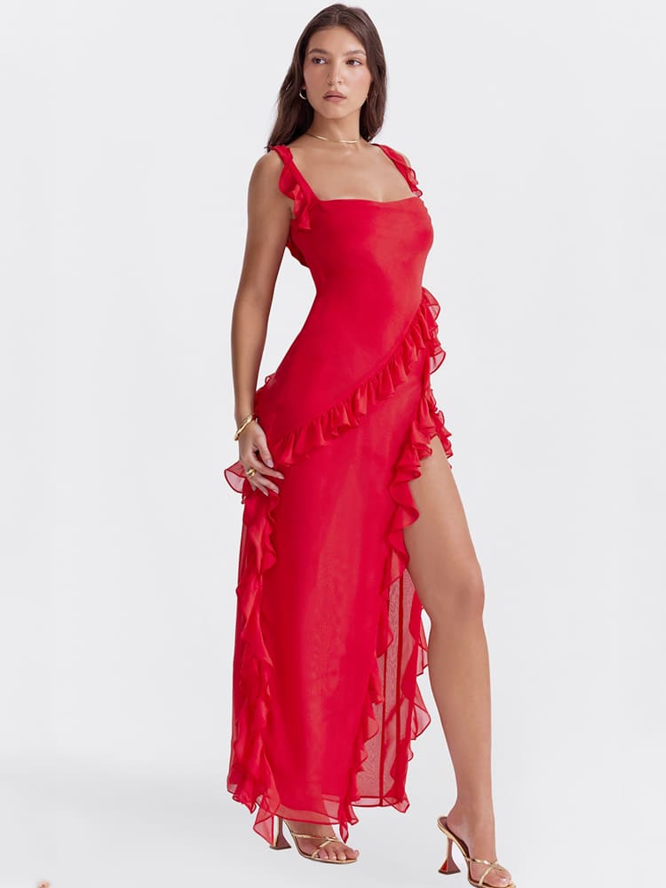Rüschen-Maxi-Trägerkleid – Rot