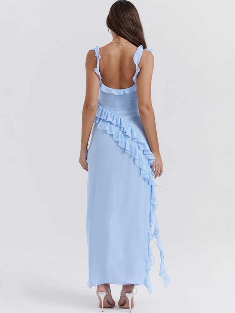Rüschen-Latzkleid lang – Blau