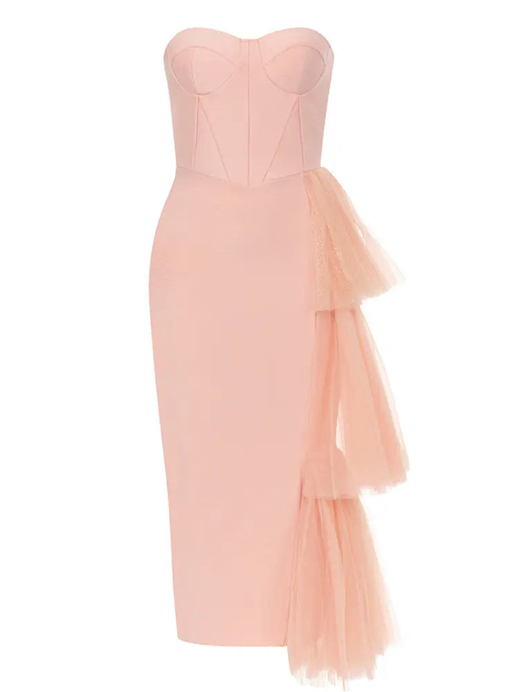 Trägerloses Spitzenkleid mit Schlitz und Bandagen-Design