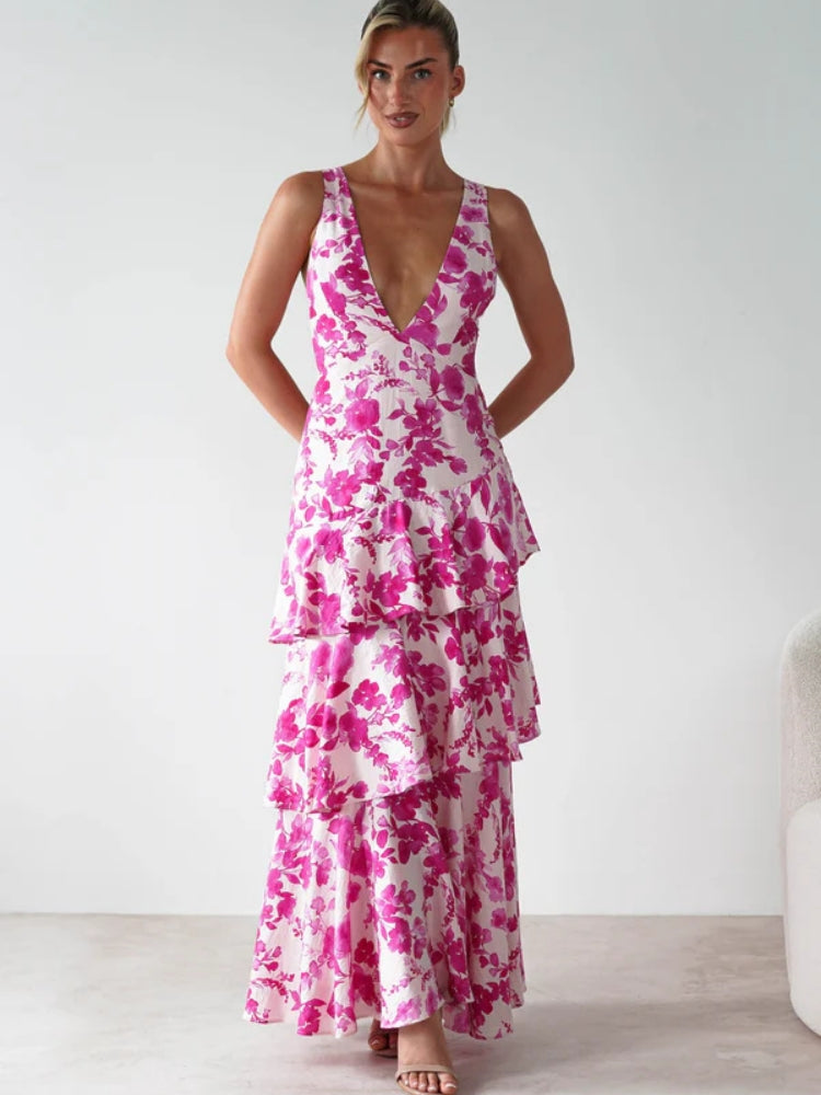 Geblümtes V-Ausschnitt Slip-Kleid