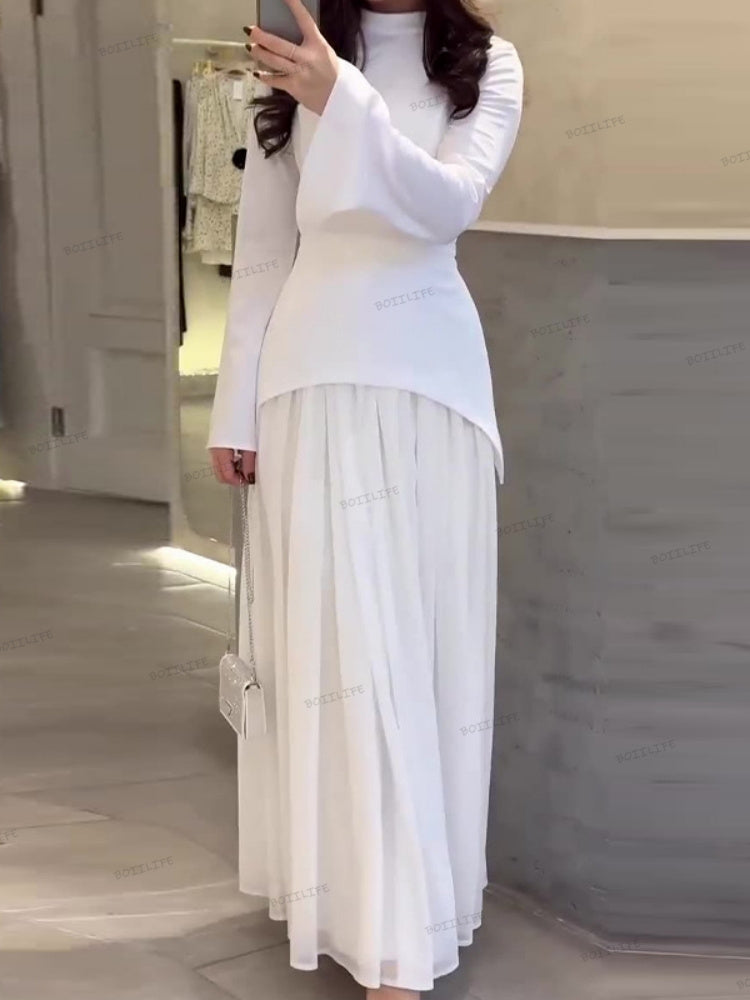 Color-Block-Splicing Slim-Fit Maxi-Kleid mit Schnürung und langen Ärmeln