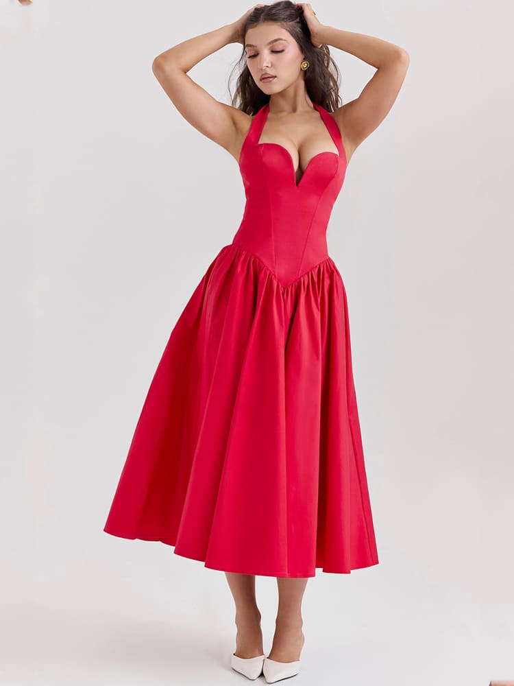 Neckholder-Midikleid mit Seitenschlitz – Scharlachrot