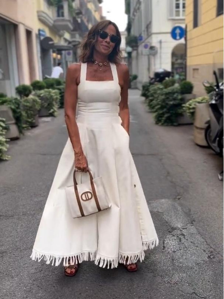 Boho weißes Maxikleid mit Fransen und Taschen