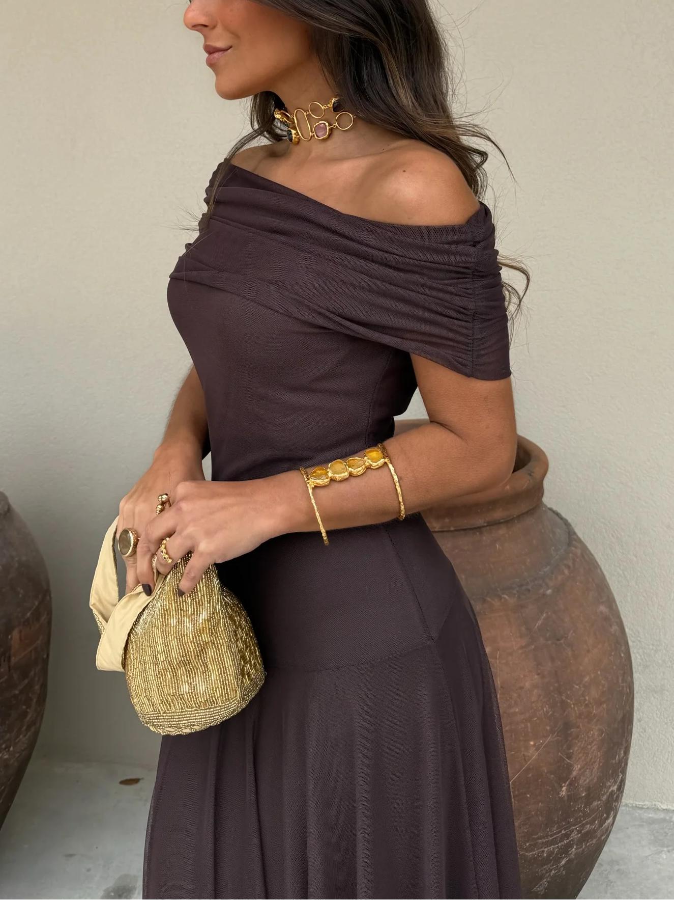 Toledo One Shoulder Mesh Maxikleid