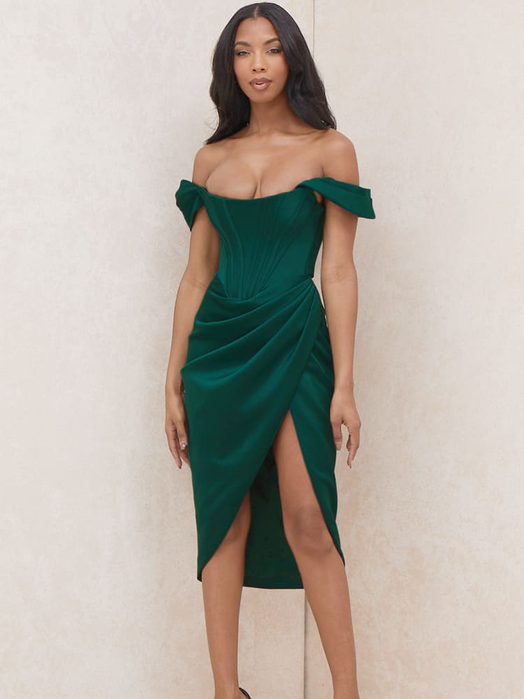 Figurbetontes Midi-Kleid mit Kappe und Korsettdetail – Dunkelgrün