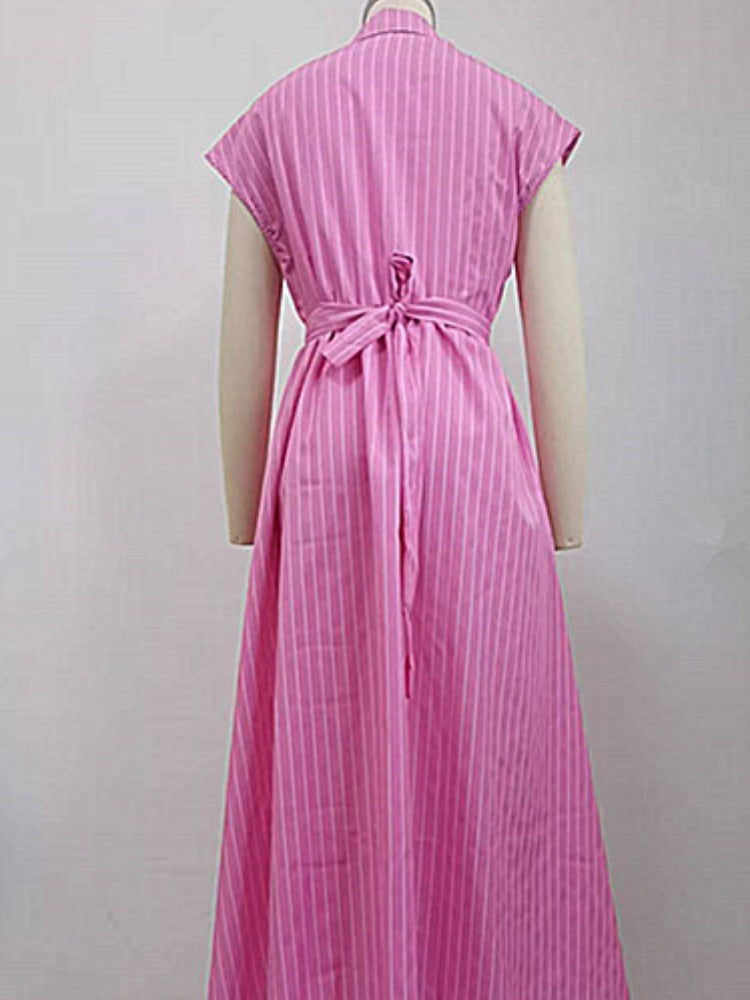 Gestreiftes Hemdkragen-Knopf-Midikleid